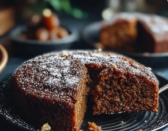 Freshly baked 4-Ingredient Date Cake topped with nuts and sliced fruits.