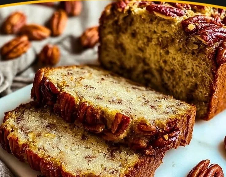 Loaf of Alabama Pecan Bread with toasted pecans on a wooden table