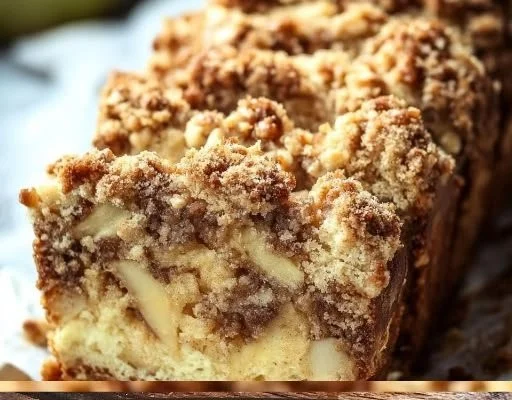 Slice of delicious Apple Crisp Cheesecake Bread topped with crumble and apples