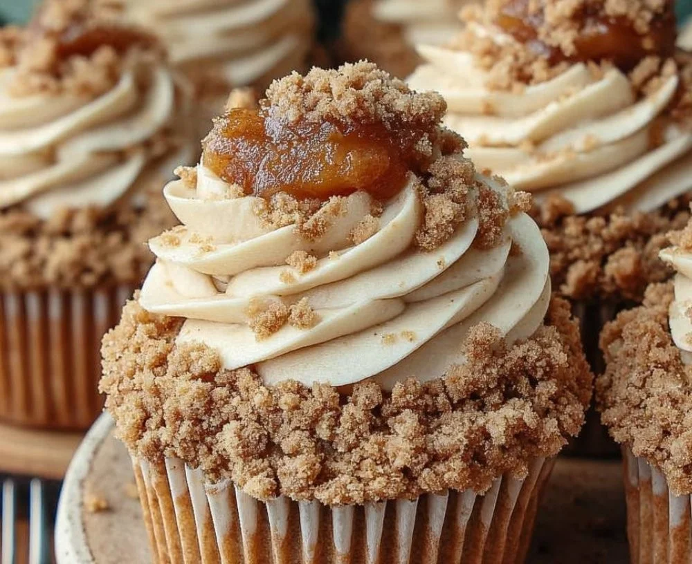 Delicious apple crumble cupcakes topped with crumble and cinnamon