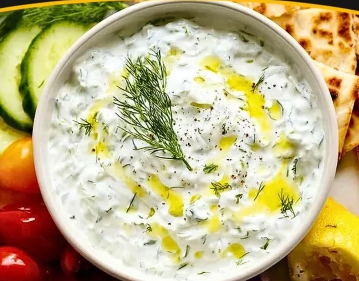 Authentic tzatziki sauce made with yogurt, cucumber, and herbs in a bowl