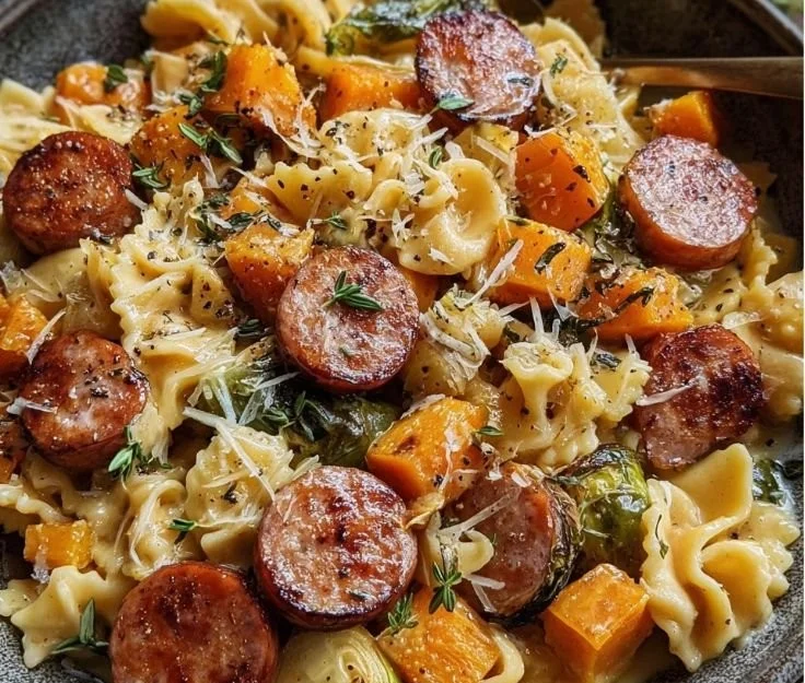 Autumn sausage pasta dish with squash and herbs served in a bowl.