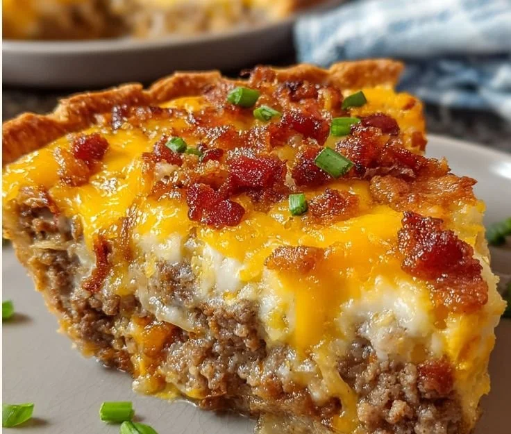 Delicious Bacon Cheeseburger Pie served warm on a plate