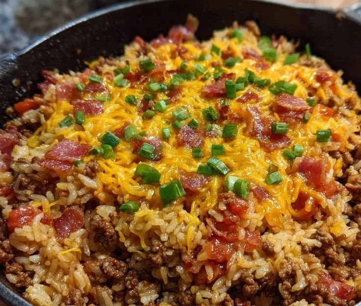 Delicious Bacon Cheeseburger Rice Skillet served in a pan