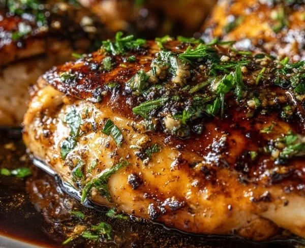 Baked balsamic chicken breast with herbs and spices on a plate