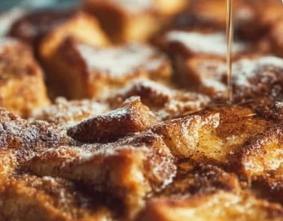 Delicious baked French toast casserole with syrup and fresh berries