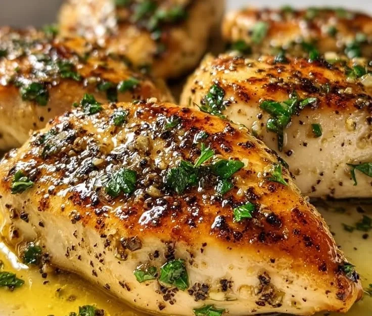 Baked Greek yogurt chicken served with fresh herbs and vegetables