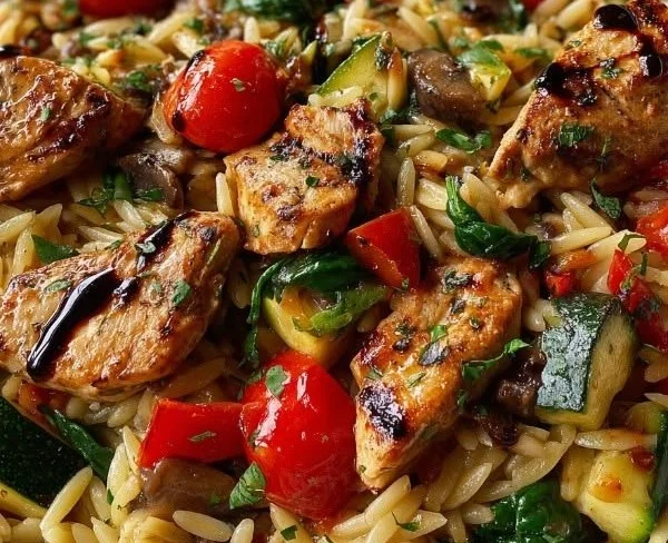 Balsamic Chicken served with Veggie Orzo on a white plate