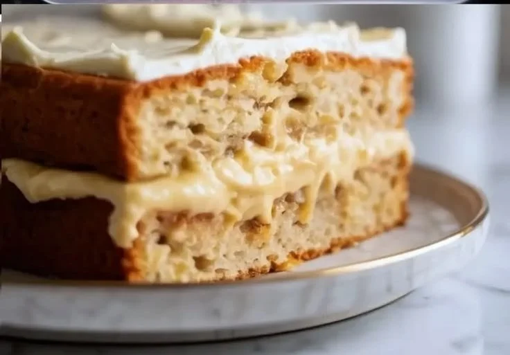 Delicious homemade banana cake filling spread on a slice of moist banana cake