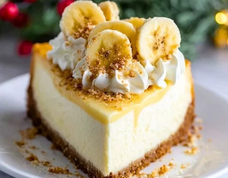 Delicious Banana Cream Cheesecake topped with banana slices and whipped cream.