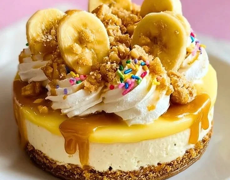 Delicious banana pudding cheesecake topped with whipped cream and banana slices