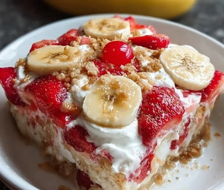 Delicious banana split dump cake topped with whipped cream and cherries.