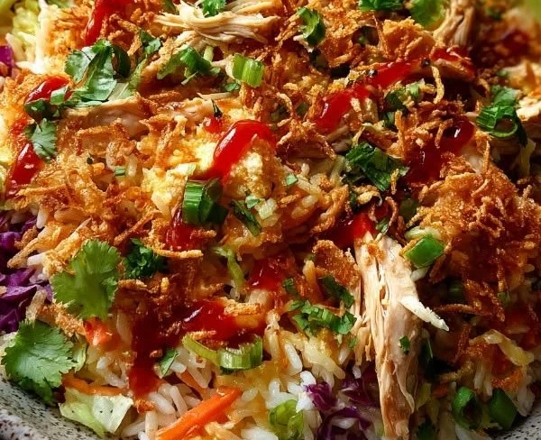 Bang Bang Chicken Crispy Rice Salad with vibrant vegetables and crispy rice