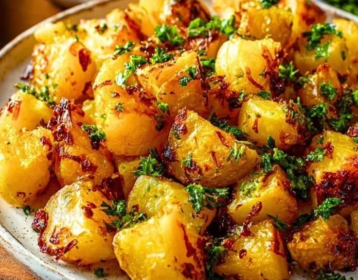 Spicy Lebanese Batata Harra potatoes garnished with herbs and spices