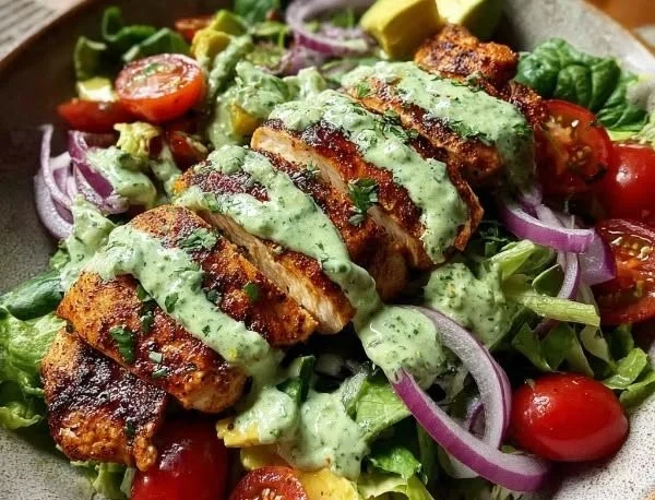 BBQ chicken salad with creamy avocado dressing on a plate