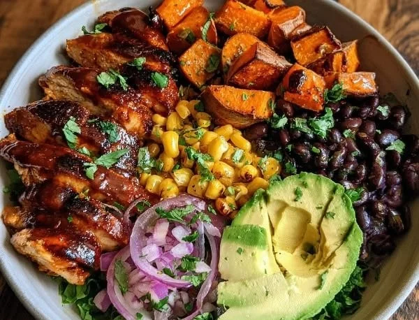 BBQ Chicken Sweet Potato Bowl with vibrant ingredients