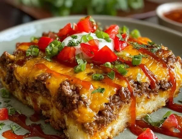 Delicious Beef Enchilada Casserole with layers of beef and cheese