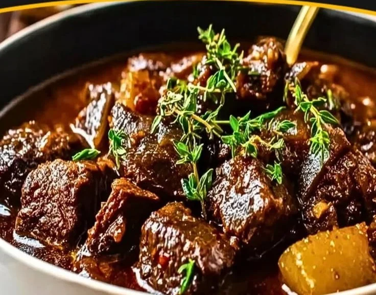 Delicious Beef Stifado served in a traditional Greek dish with herbs and spices.