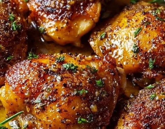Delicious oven baked chicken thighs served with herbs and spices.