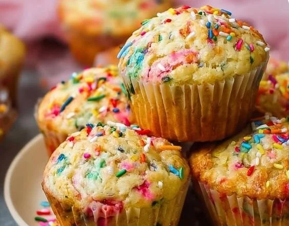 Deliciously baked vanilla funfetti muffins with colorful sprinkles
