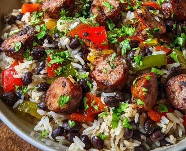 Flavorful black beans skillet with sausage and rice in a cast-iron pan.