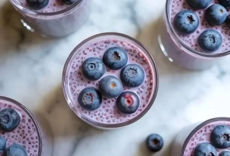 Delicious blueberry chia seed pudding in a cup topped with fresh blueberries