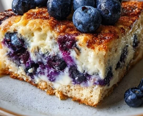 Delicious Blueberry Cottage Cheese Breakfast Bake topped with fresh blueberries.