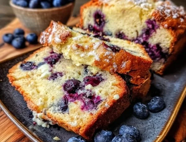 Loaf of Blueberry Cream Cheese Bread with fresh blueberries on top