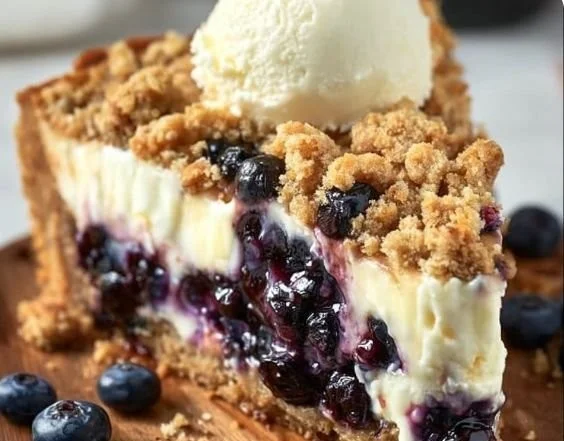 Delicious Blueberry Cheesecake Crumble Pie topped with fresh blueberries