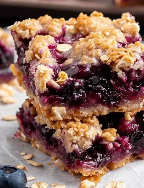 Homemade blueberry oatmeal bars on a wooden table with fresh blueberries.