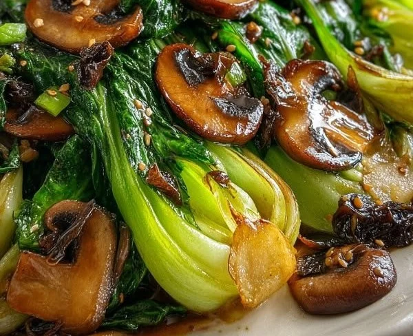 Bok Choy and Mushroom Stir Fry in a colorful bowl with vegetables.