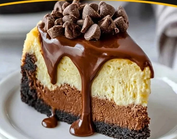 Delicious Boston Cream Pie cheesecake topped with chocolate ganache.