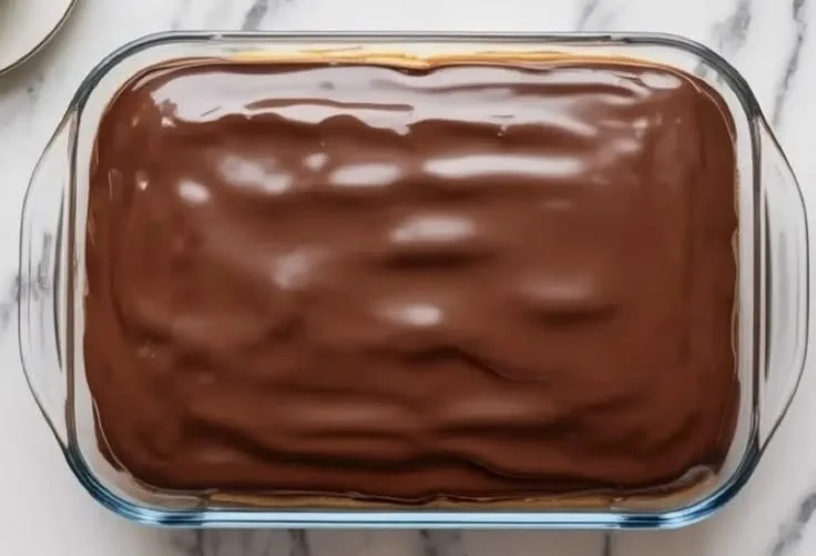 Boston Cream Pie Poke Cake topped with chocolate and cream filling.