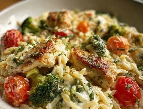 Boursin Orzo Bake with chicken and vegetables in a creamy sauce