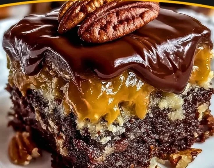 Delicious box mix turtle cake with chocolate, caramel, and nuts