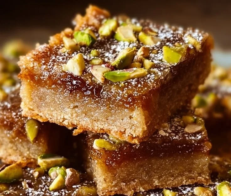 Delicious Brown Butter Honey Pistachio Bars with nuts and a drizzled honey glaze