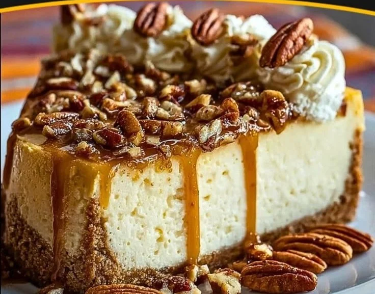 Delicious browned butter pecan cheesecake with whipped cream and pecans