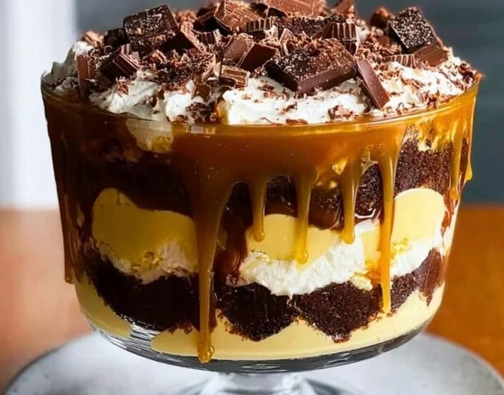 Delicious brownie cheesecake trifle layered with salted caramel sauce