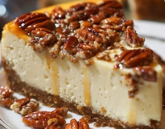 Delicious butter pecan cheesecake topped with pecans and creamy filling