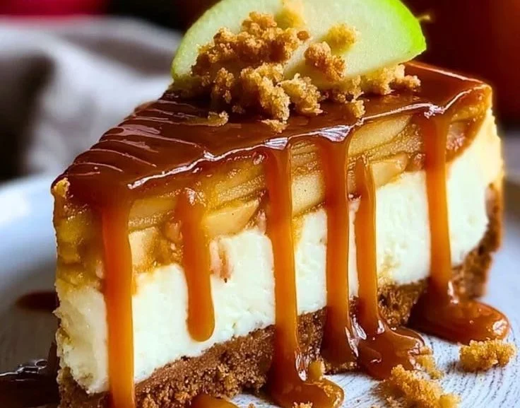 Delicious caramel apple cheesecake with caramel drizzle and apple slices