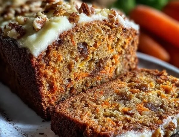 Moist carrot cake loaf topped with cream cheese frosting and walnuts.