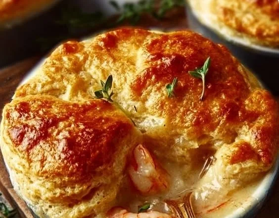Cheddar Bay Biscuit Seafood Pot Pie topped with golden biscuits