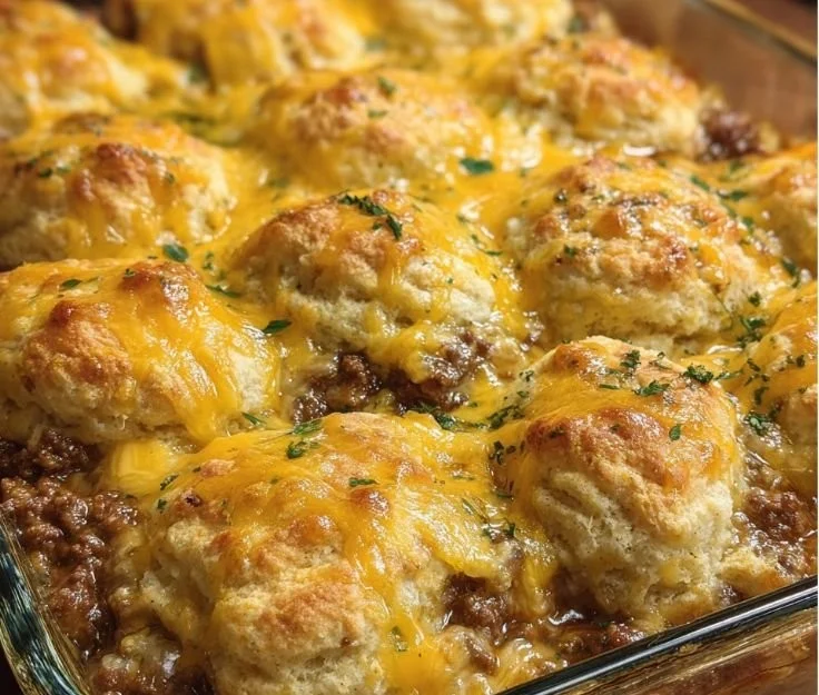 Delicious Cheddar Bay Hamburger Casserole baked and served in a dish