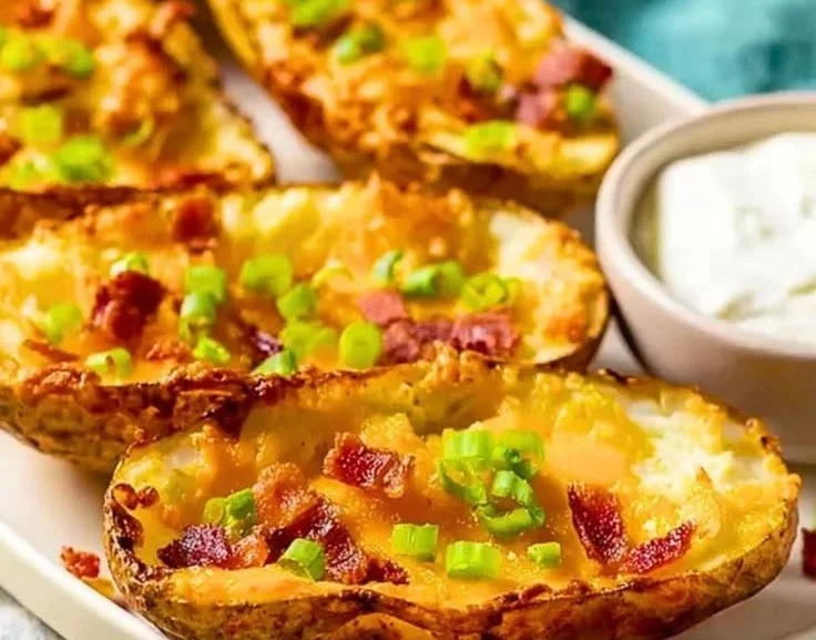 Cheddar oven-baked potato skins topped with cheese and green onions