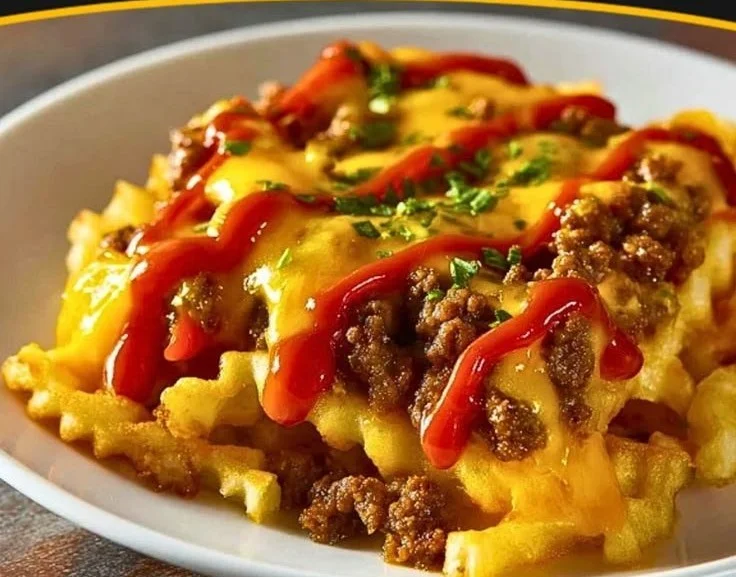 Cheeseburger French Fry Bake topped with melted cheese and fresh toppings