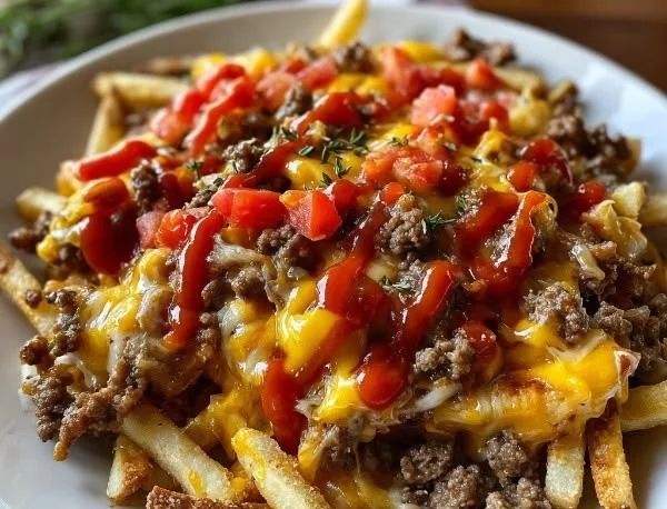 Delicious cheeseburger casserole topped with crispy French fries