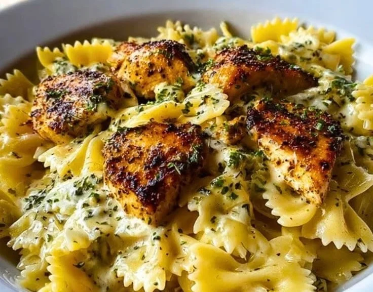 Cheesy Garlic Butter Chicken Bowties in creamy mozzarella sauce