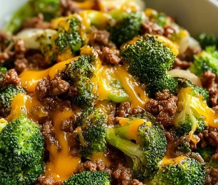 Cheesy ground beef and broccoli dish in a bowl garnished with herbs