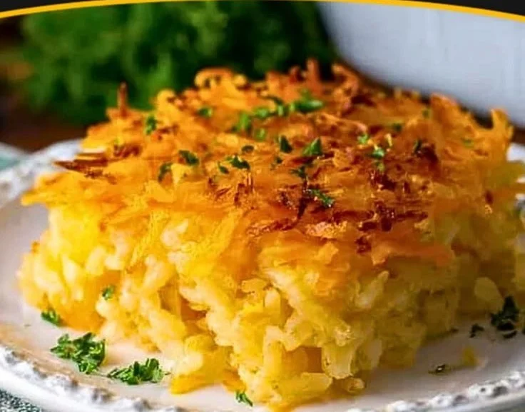 Delicious cheesy Hashbrown Casserole fresh out of the oven