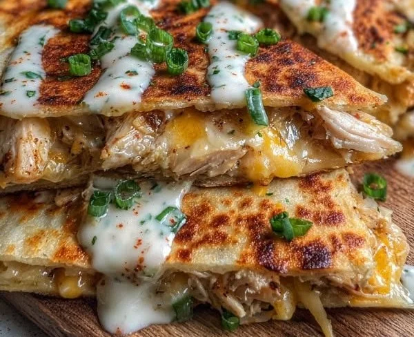 Delicious Cheesy Hot Honey Chicken Quesadillas with jalapeño cream sauce